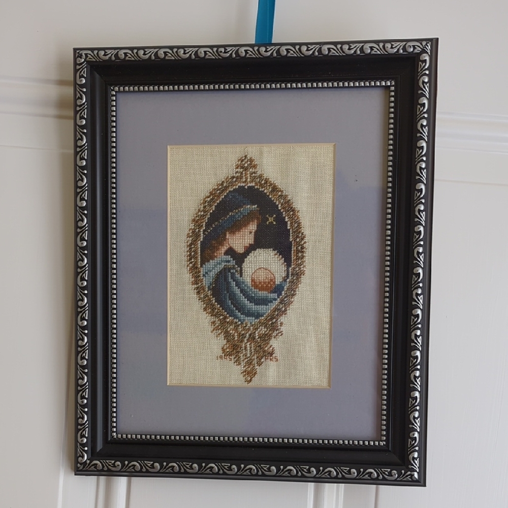 Cross Stitch Of Mary And Jesus. Framed And Matted. Christmas